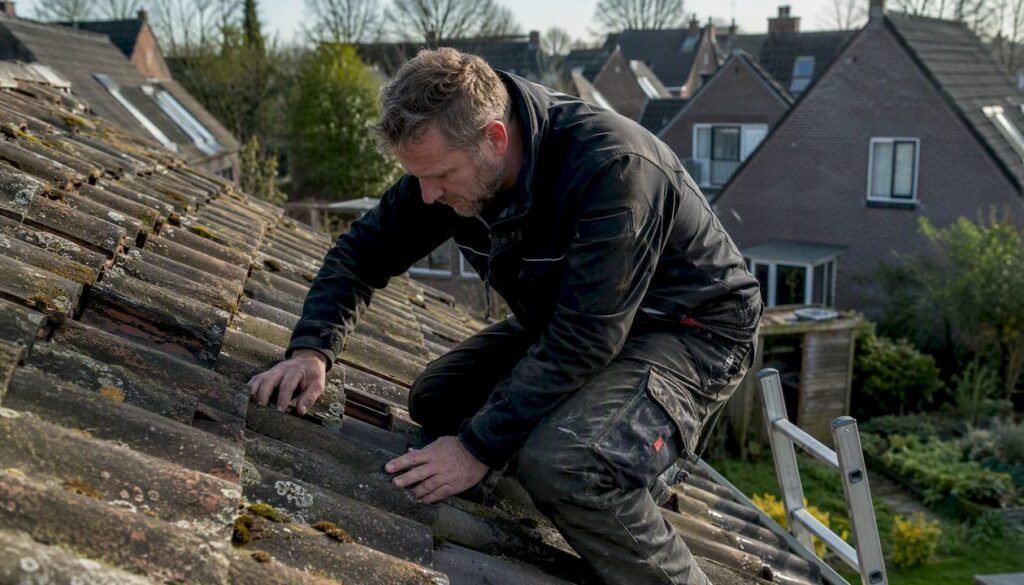 Een dakdekker controleert de staat van de dakpannen op een typisch Nederlandse woning.