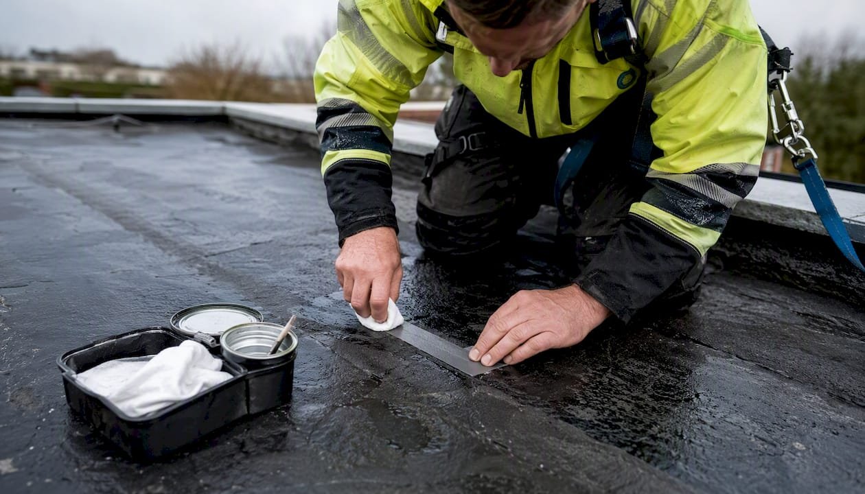 Met de handen wordt een kleine scheur in het platte dak vakkundig afgeplakt.