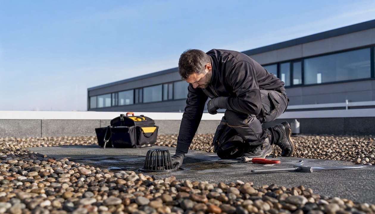 Een dakdekker controleert regelmatig de afvoeren en de ballast op een plat dak om problemen te voorkomen.