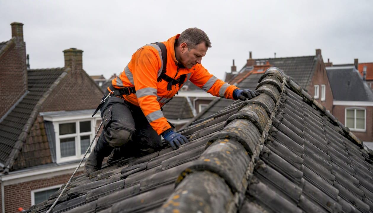 Een dakdekker bekijkt het schuine dak van een typisch Nederlandse woning om te controleren op eventuele gebreken.