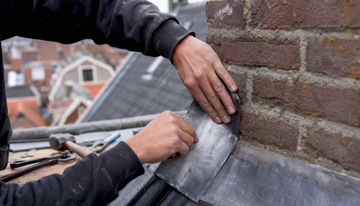 Een dakdekker plaatst met vakkundige handen nieuw lood in de voeg.