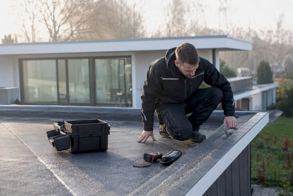 Een ervaren dakdekker controleert het dak grondig op technische gebreken.