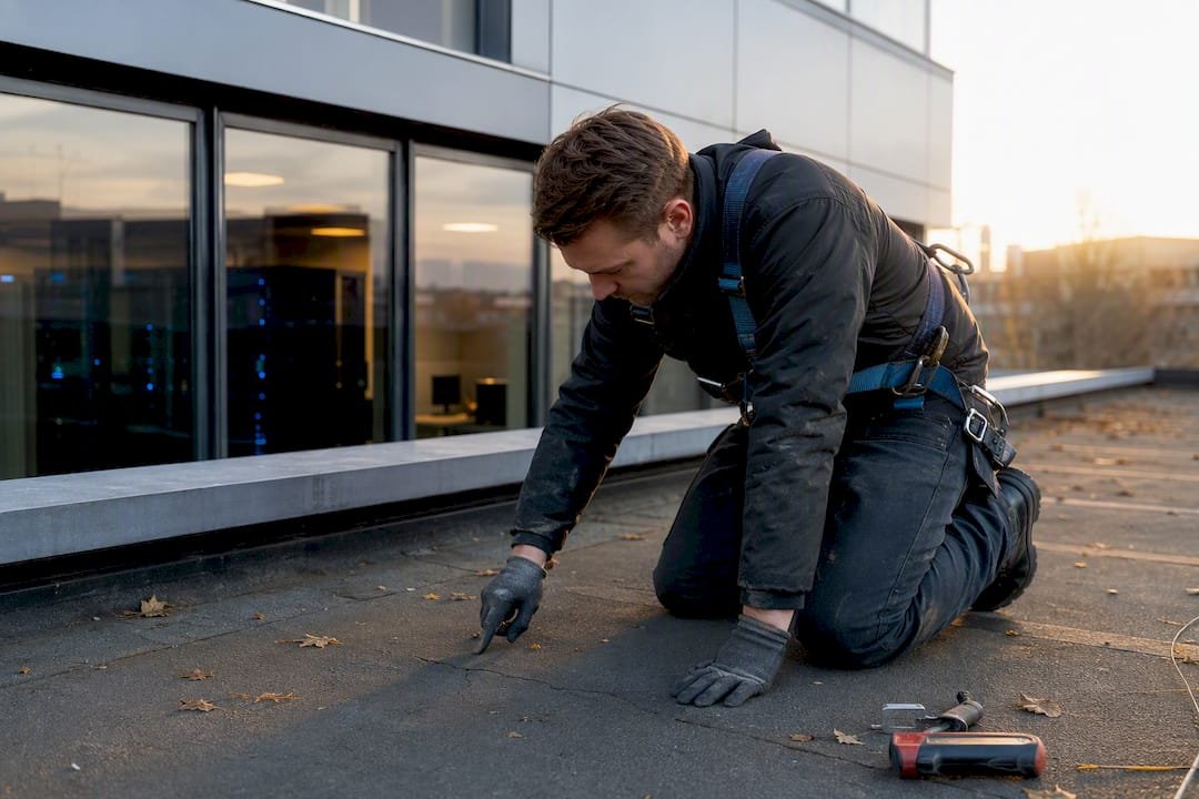 Een dakdekker controleert een scheur in het dak boven de serverruimte.