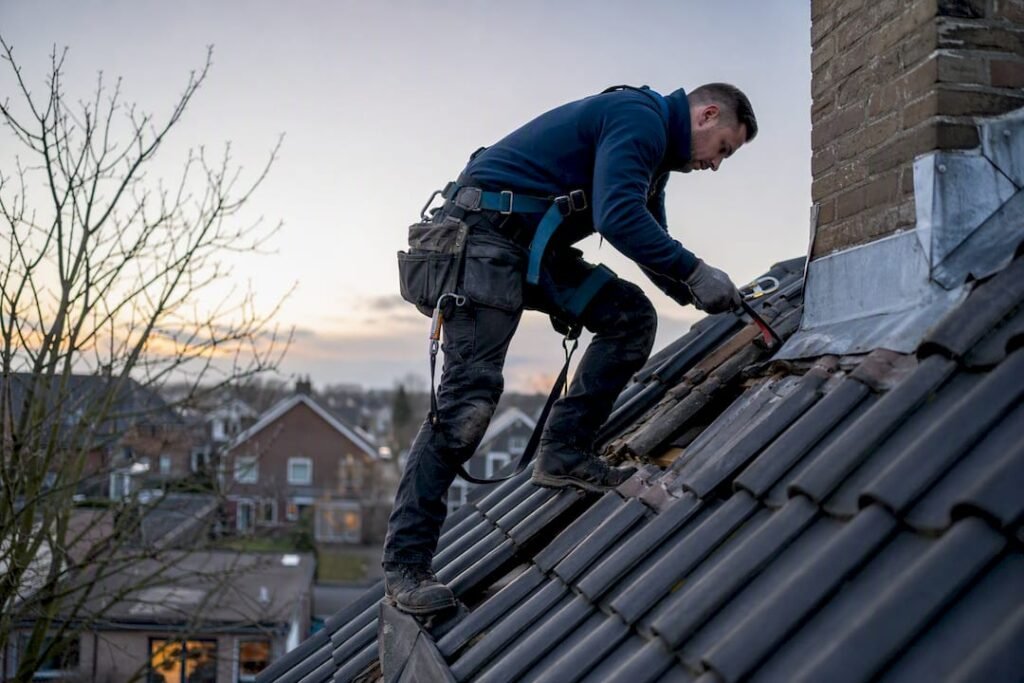 Een dakdekker bekijkt beschadigde dakpannen op een typisch Nederlands huis.