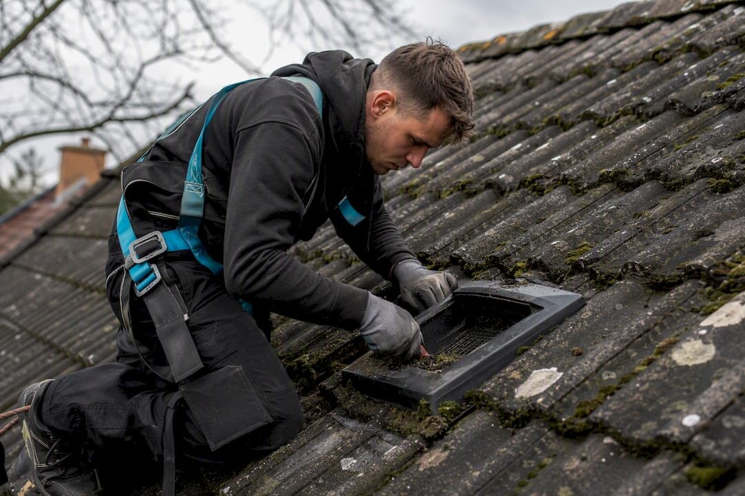 Dakdekker verwijdert verstopping uit ventilatierooster