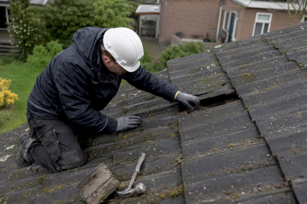 Een dakdekker controleert de ventilatie onder de dakpannen.
