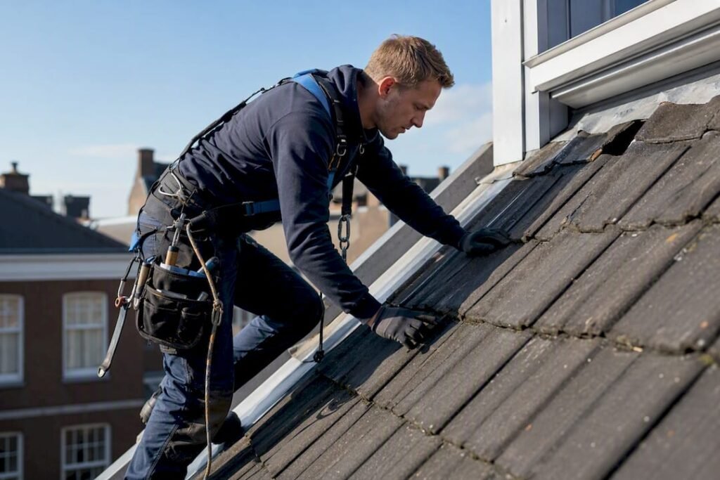 Dakdekker inspecteert het dak van een Nederlandse VvE-woning