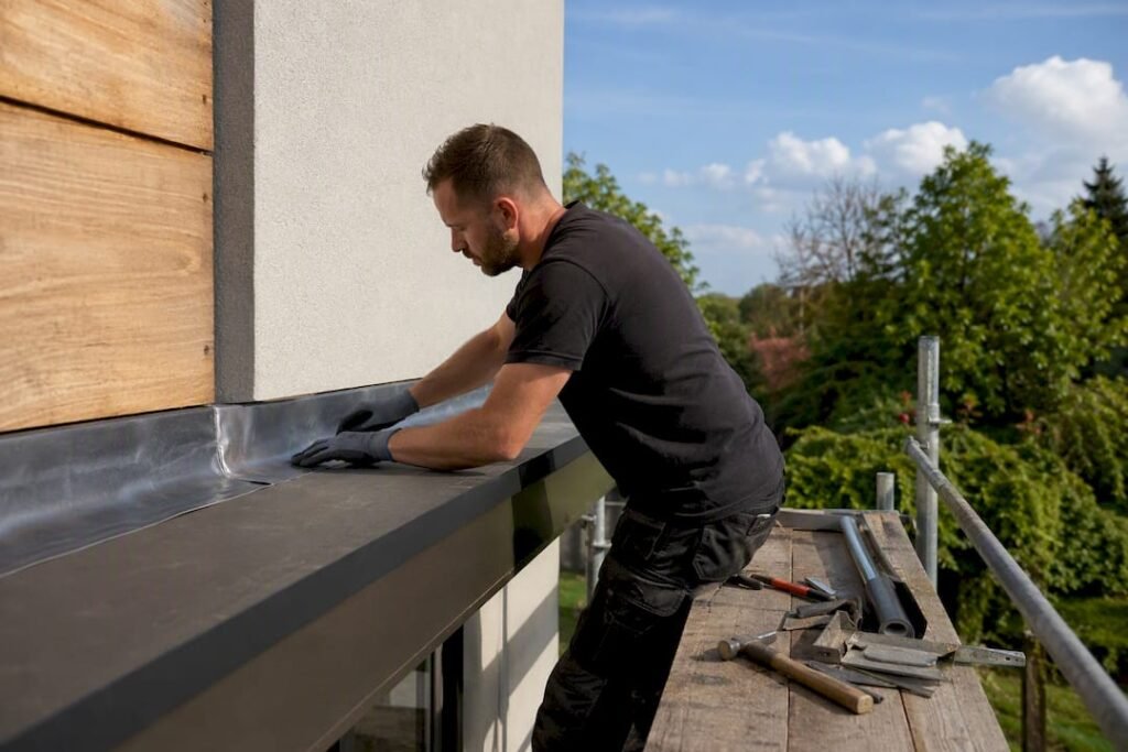 Dakdekker plaatst lood bij aanbouw