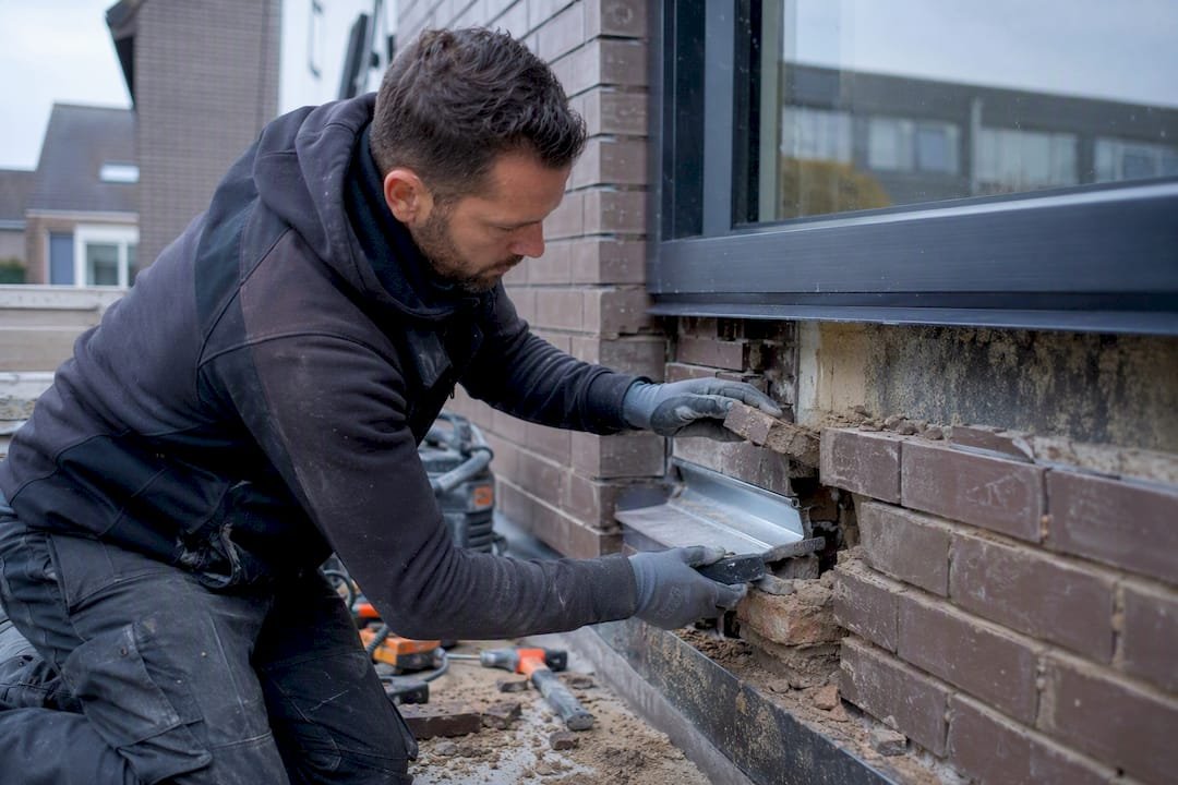 Dakdekker verwijdert metselwerk om lood te plaatsen