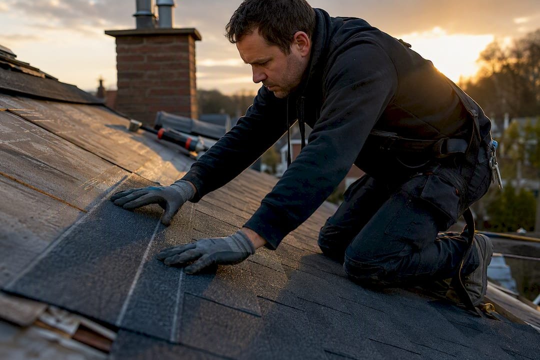 Dakdekker die bitumen shingles op een Nederlands schilddak legt