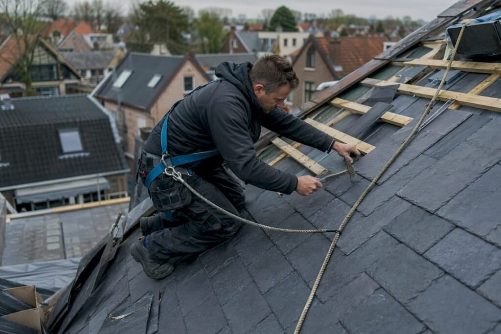 Dakdekker die natuurlijke leisteen tegels op een Nederlands dak legt