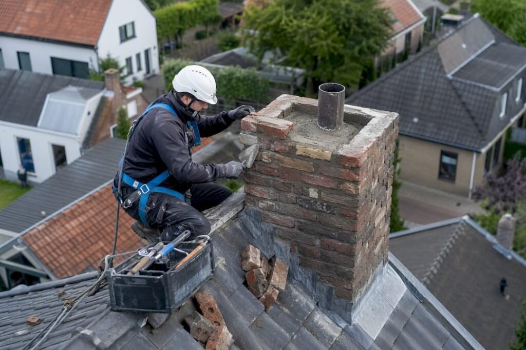 Dakdekker repareert het voegwerk van een schoorsteen op het dak van een Nederlands huis