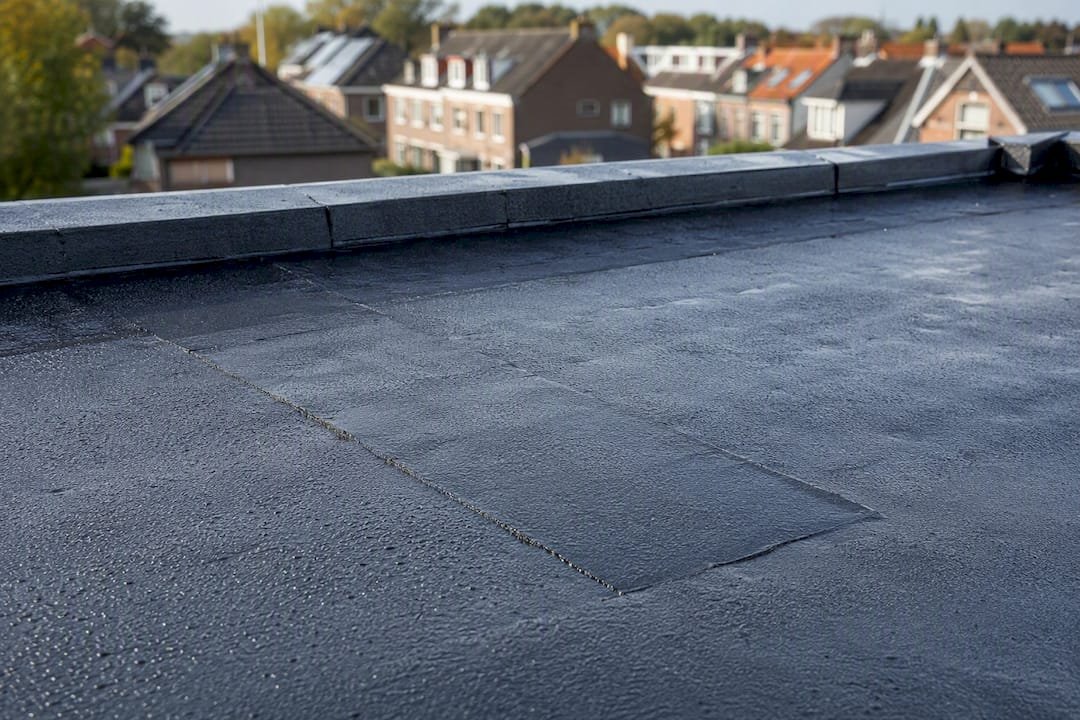 Bitumen dak dat opdroogt na reparatie met waterdichte strook