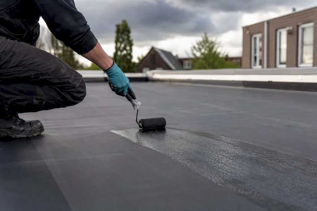 Dakdekker brengt primer aan op EPDM