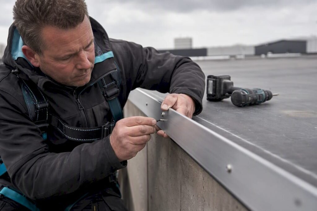 Dakdekker bevestigt dakrandprofiel langs EPDM-rand