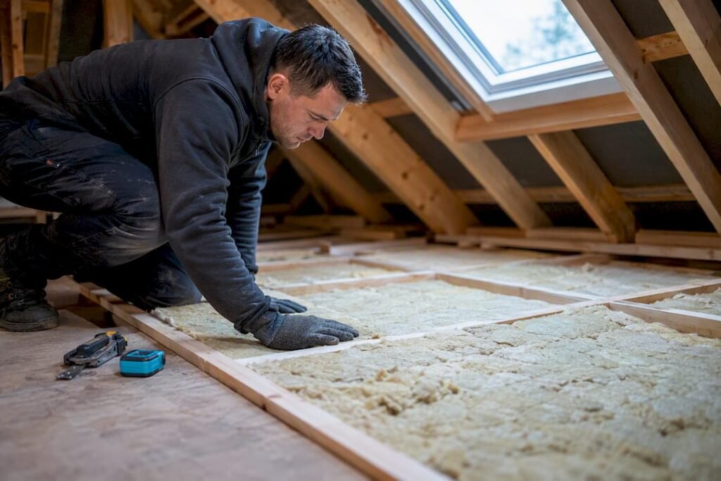 Dakdekker inspecteert isolatie tussen houten dakspanten