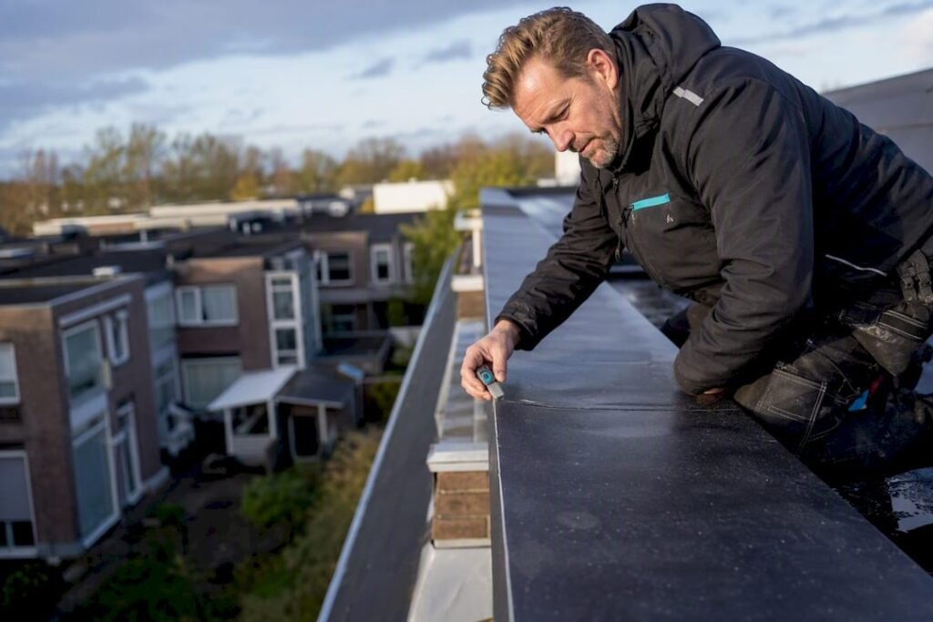 Dakdekker inspecteert de afwerking van de dakrand