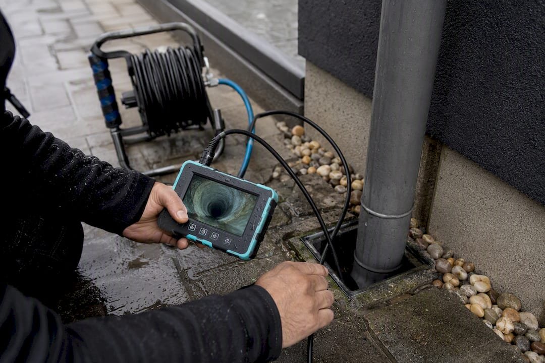 Dakdekker gebruikt inspectiecamera in afvoerbuis