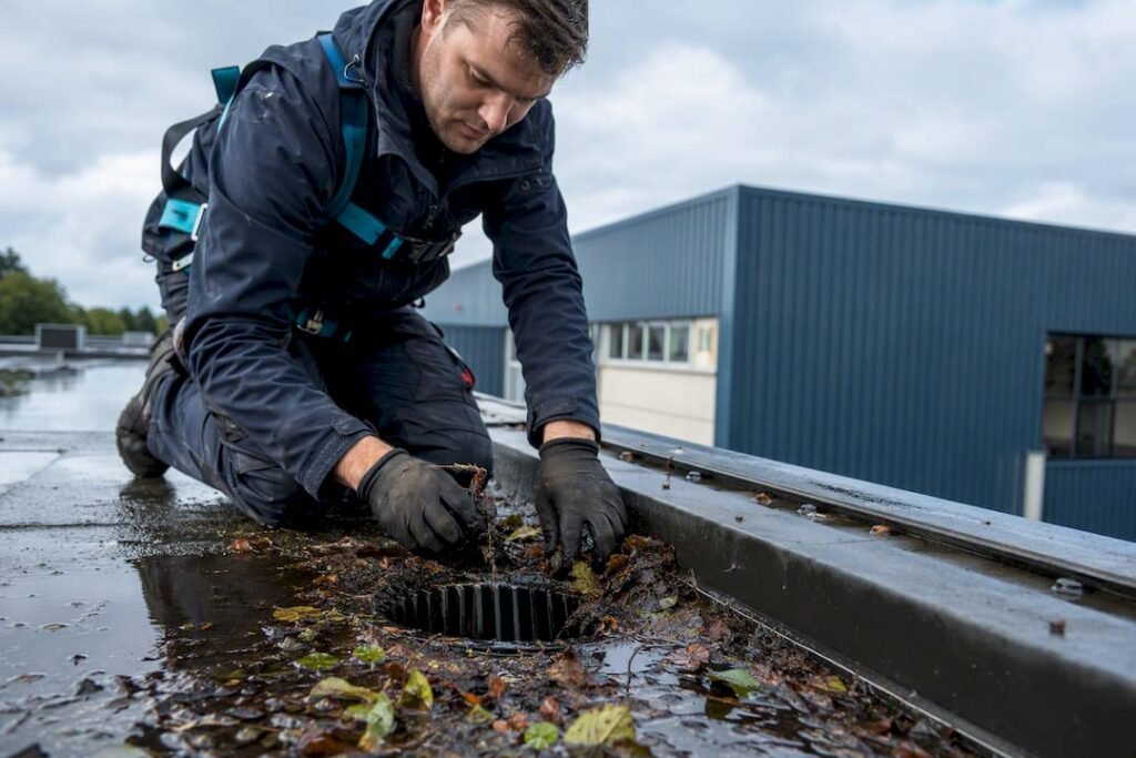 Dakdekker controleert verstopte regenpijp