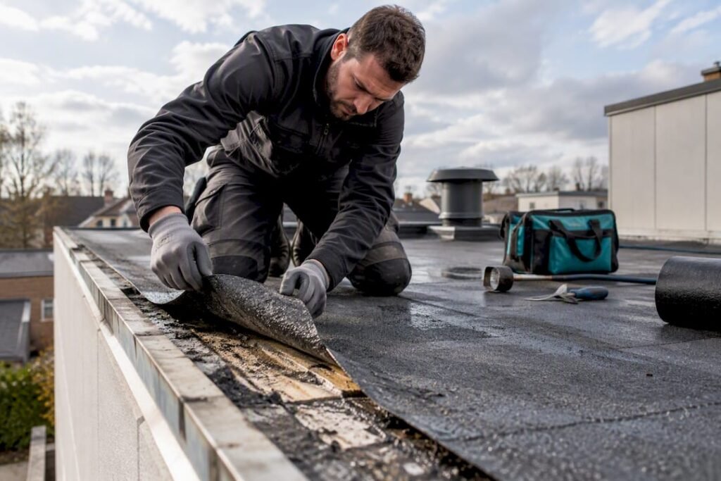 Dakdekker controleert de lagen van een bitumen dakbedekking