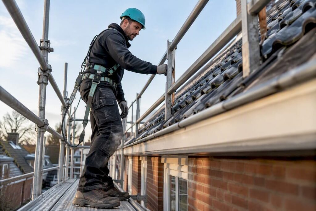 Dakdekker inspecteert veilige randbeveiliging