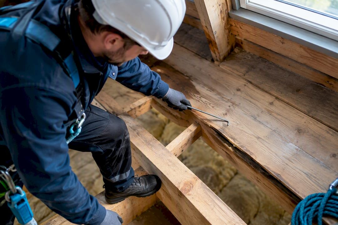Dakdekker bekijkt doorgezakte houten plank