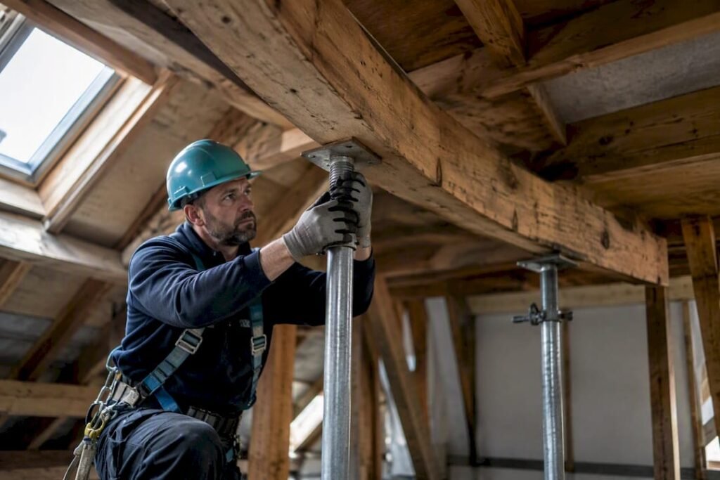 Dakdekker ondersteunt doorgezakte houten dakbalk