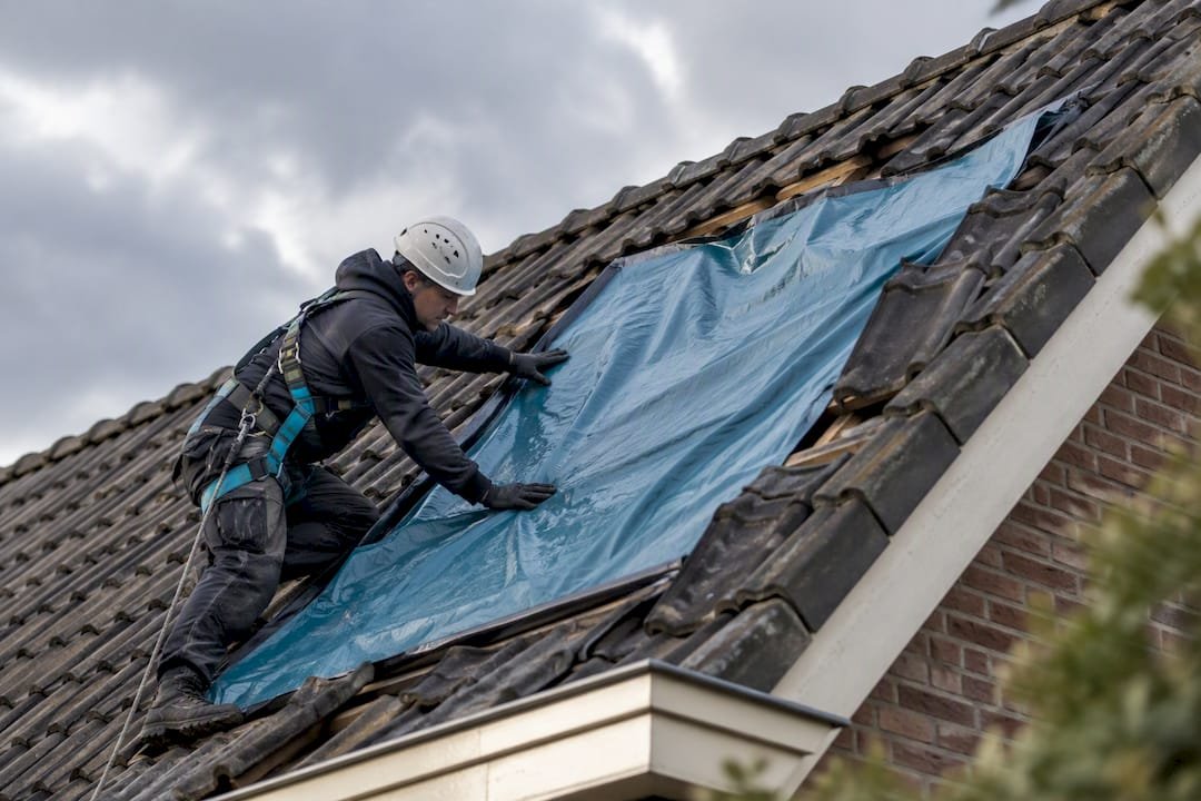 Dakdekker dekt stormschade tijdelijk af