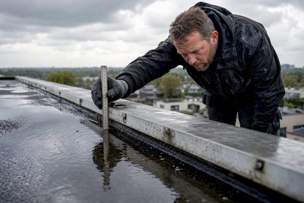 Dakdekker inspecteert water op brede dakrand