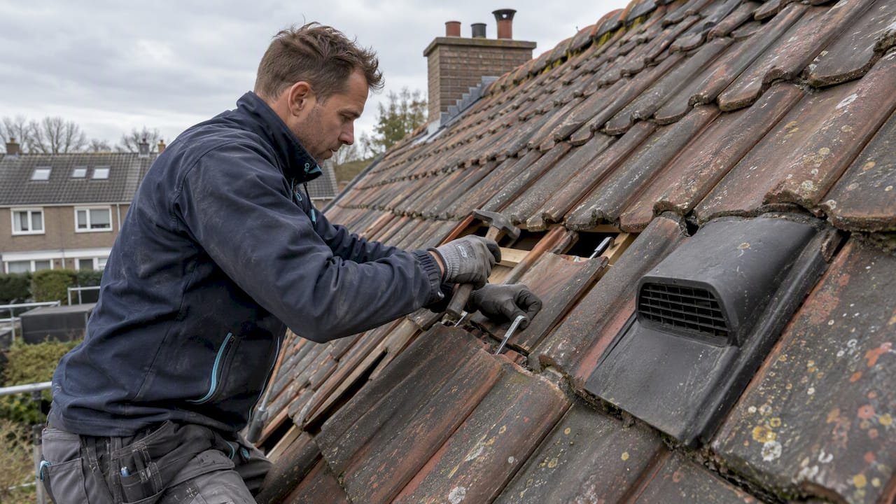 Dakdekker controleert pannenhaken en ventilatiepan