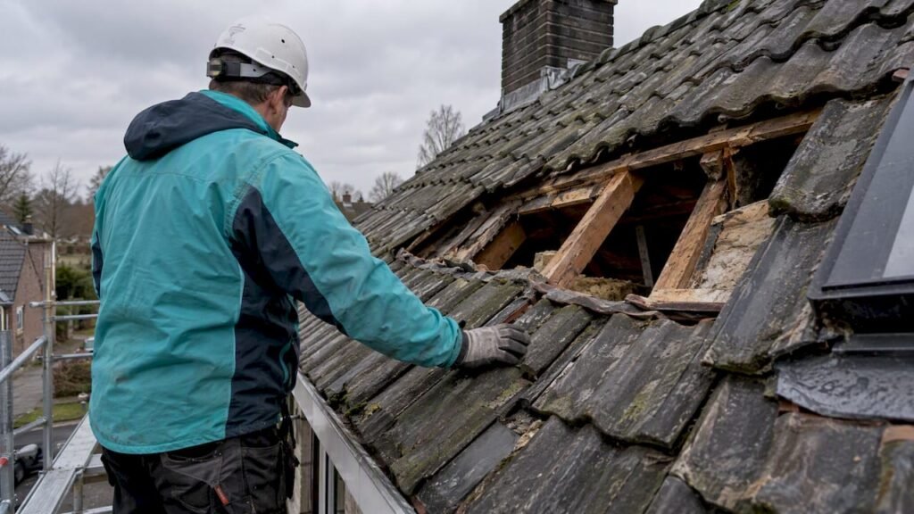 Dakdekker onderzoekt ingezakte dakconstructie