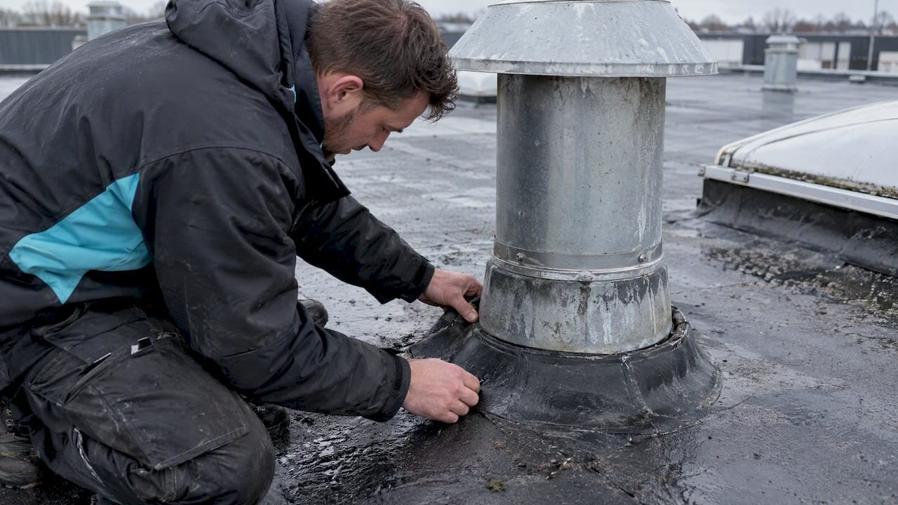 Dakdekker controleert de afdichting rondom de dakdoorvoer