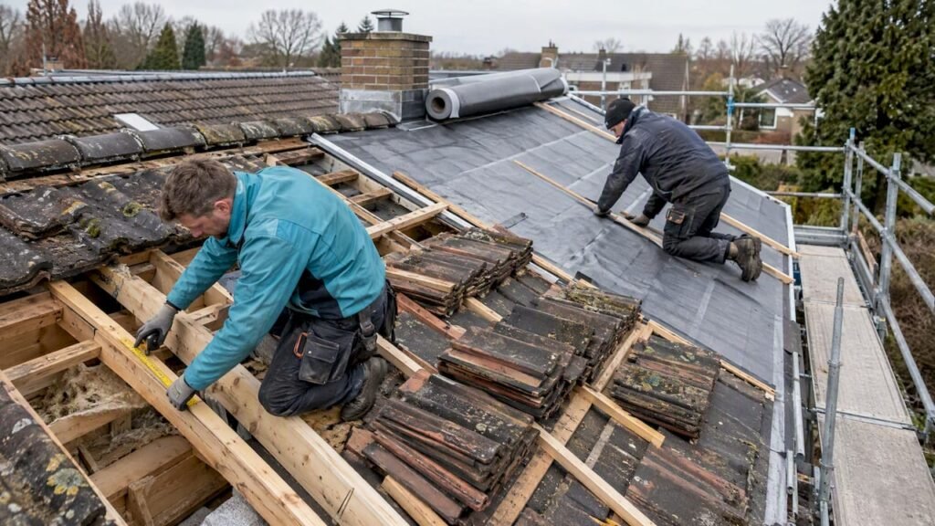 Dakdekkers maken zich klaar voor een dakrenovatie in Nederland
