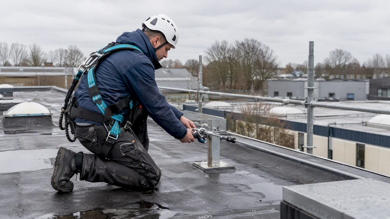 Dakdekker controleert persoonlijke valbeveiliging