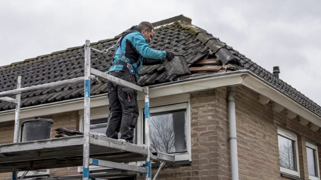 Dakdekker repareert stormschade aan het dak van een woning