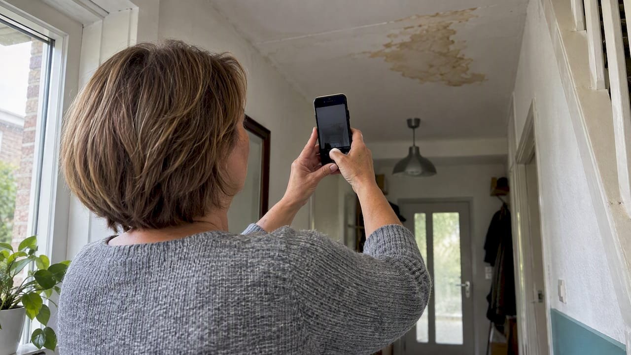 Bewoner maakt foto van een vochtplek op het plafond