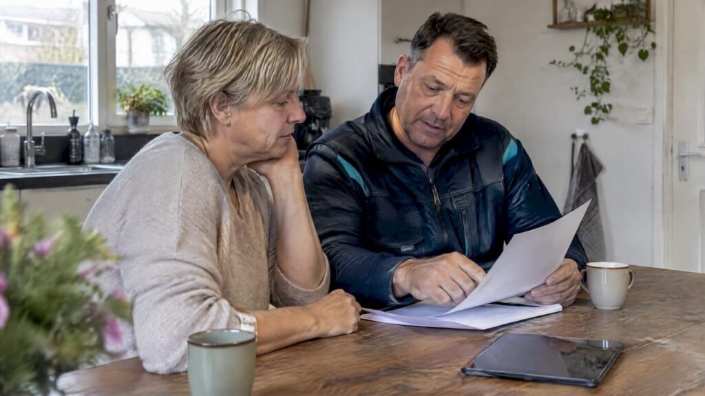 Een huiseigenaar en een dakdekker bekijken samen een offerte