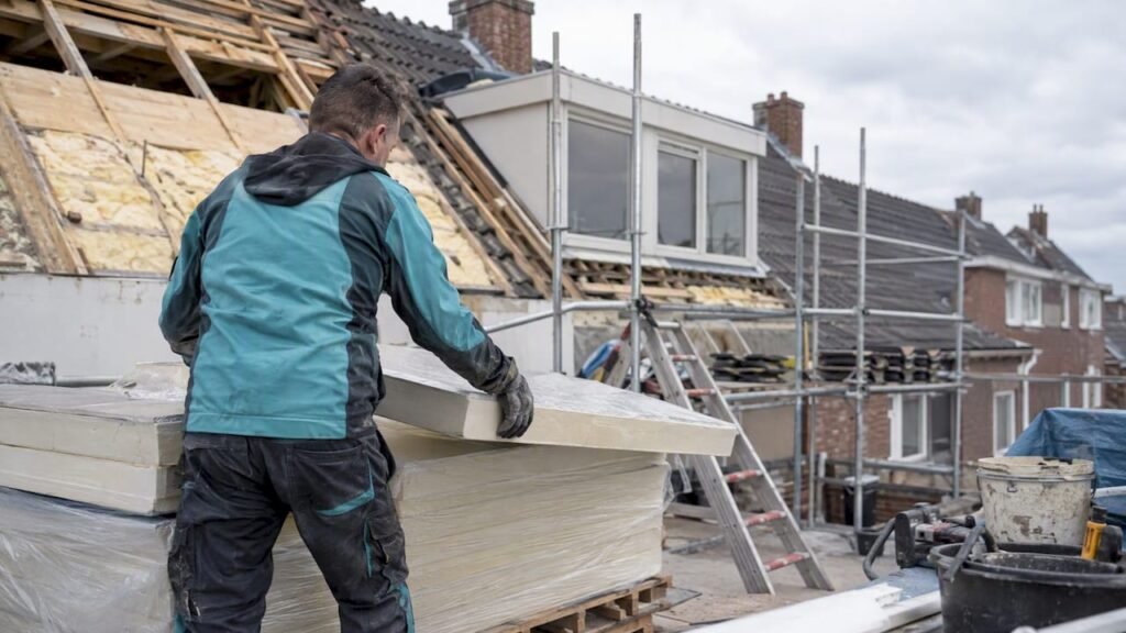 Dakdekker legt isolatieplaten klaar tijdens renovatie