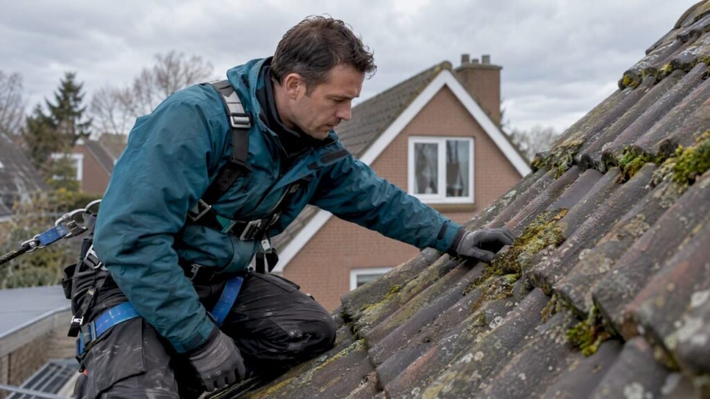 Dakdekker inspecteert verweerde dakpannen