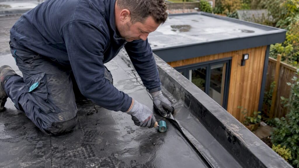 Dakdekker herstelt een loszittende EPDM-naad