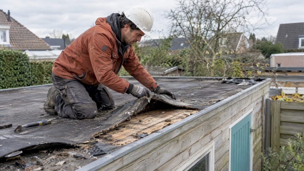 Dakdekker controleert het dakbeschot van de schuur
